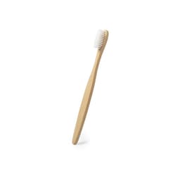A bamboo toothbrush with a slender handle and soft bristles, featuring a natural wood finish.