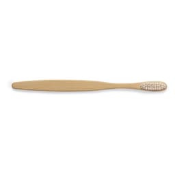 A bamboo toothbrush with a smooth handle and soft bristles, featuring a natural wood finish.