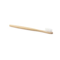 A bamboo toothbrush with a long handle and soft bristles, featuring a simple, natural design.