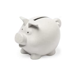 A white piggy bank in the shape of a pig, featuring a coin slot and small feet, with a simple, minimalist design.