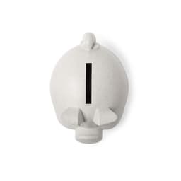 A white piggy bank with a sleek design, featuring a slot for coins and a small tail. It has a logo on the side.