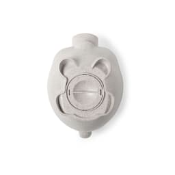 A grey money box shaped like a bear, featuring a circular slot for inserting coins, with a logo on the front.