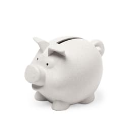 A white piggy bank with a glossy finish, featuring small eyes and a slot for coins, with a logo on the side.