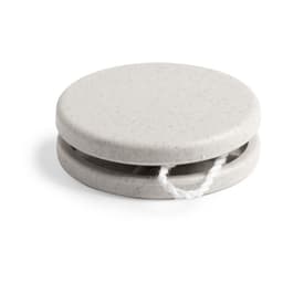 A grey yo-yo with a smooth surface and a string attached, featuring a simple design.