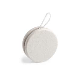 A light grey yo-yo with a textured surface and a white string attached. It features a simple, round design.