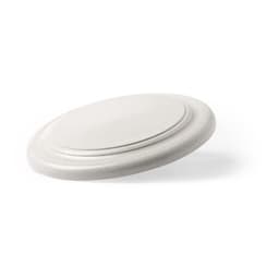A white yo-yo with a smooth surface and rounded edges, featuring a minimalistic design and a logo.