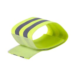 A bright yellow reflective elastic band with navy stripes, ideal for clothing accessories. It features a branded logo.