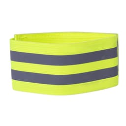 A reflective safety band in bright yellow with grey stripes, featuring a logo. Suitable for clothing accessories.