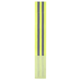 A reflective safety accessory in bright yellow with navy stripes, designed for visibility and protection. It has a logo.