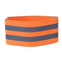 An orange safety belt featuring two grey reflective stripes. The product includes a logo.