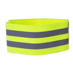 A reflective safety armband in bright yellow with grey stripes, featuring a logo.