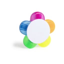 A multi-coloured flower-shaped marker with pink, blue, orange, and green segments, featuring a white central area and a logo.