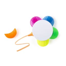 A flower-shaped marker set featuring pink, blue, green, and yellow sections, with a white centre and an orange ribbon.