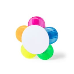 A multi-coloured flower-shaped marker with pink, orange, blue, and green sections. It has a white centre and features a logo.