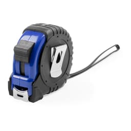 A tape measure in black and blue, featuring a textured grip and a metal clip. It includes a logo on the side.