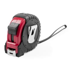 A tape measure in red and black with a metal clip and a flexible measuring tape. It features a branding logo.