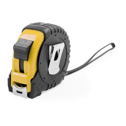 A tape measure in black and yellow, featuring a sturdy plastic casing and a metal belt clip.