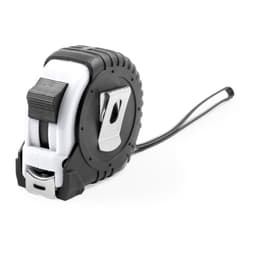 A black and white tape measure with a metal hook and a textured grip. It has a silver logo.