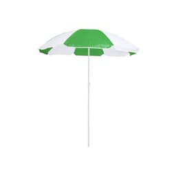 A green and white striped beach umbrella with a white pole and a branded logo.