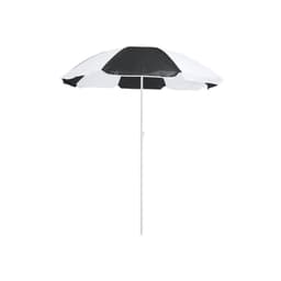A striped black and white beach umbrella with a white pole, designed for leisure and outdoor use.