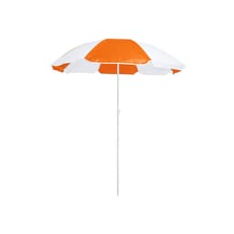 A beach umbrella featuring orange and white panels with a central pole for support.