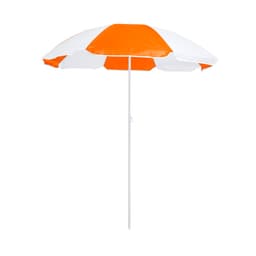 A beach umbrella in orange and white, featuring a sturdy pole and a design suitable for outdoor leisure.