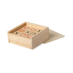 A wooden tic-tac-toe game set featuring red and black symbols, contained in a square box.