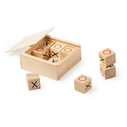 A wooden box with an open lid contains dice with X and O markings in red and black. Some dice are placed beside the box.