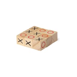 A wooden tic-tac-toe game with red circles and black crosses on six blocks arranged in a grid.