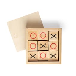 A wooden tic-tac-toe game set with red and black marked blocks, displayed in a wooden box with a lid.