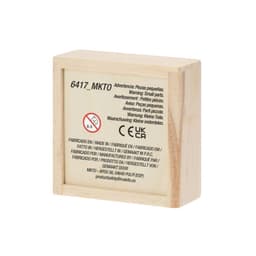 A wooden box with safety warnings and manufacturing details on the back, featuring a natural wood finish.