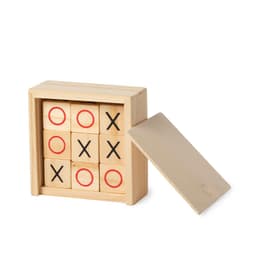 A wooden tic-tac-toe game set featuring red and black symbols, stored in a wooden box with a lid.