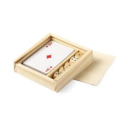 A wooden box containing a playing card deck and five dice, all with a light wood finish. The box has a logo.