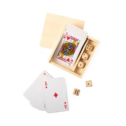 A wooden gift box containing playing cards, including a Jack of Hearts and an Ace of Diamonds, along with dice.