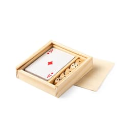 A wooden box containing playing cards and six wooden dice, with a natural finish and a sleek design.