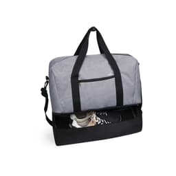 A grey duffle bag with black accents and a compartment revealing a pair of shoes. It features a logo.