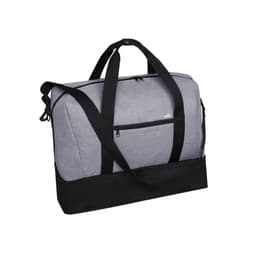 A grey and black duffle bag with two carrying handles and a shoulder strap, featuring a front zippered pocket.