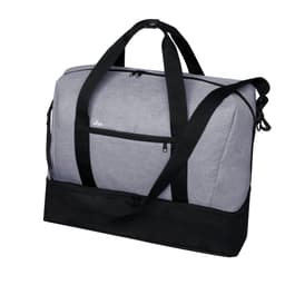 A grey duffle bag with black accents, featuring double handles, a shoulder strap, and multiple zippered pockets.