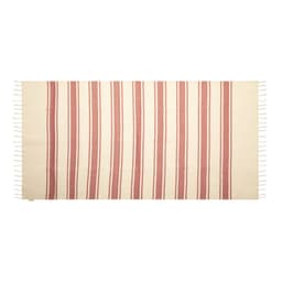A bath towel featuring a cream background with red and beige stripes, finished with tassels on each end.