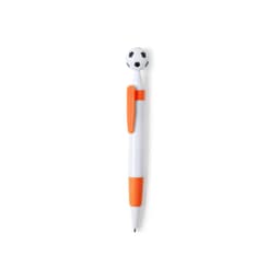 A pen featuring a white body with orange accents and a football-shaped top. It also has a branding logo.