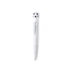 A white pen featuring a soccer ball on top and a clip for easy attachment.