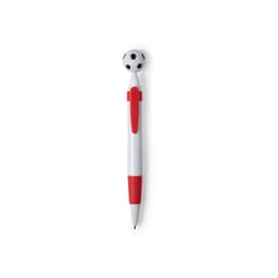 A white and red pen featuring a soccer ball design on the cap and a textured grip.