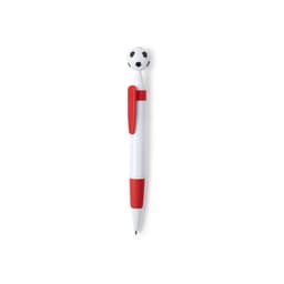 A white and red pen featuring a soccer ball-shaped top and a textured grip. It also has branding on the barrel.