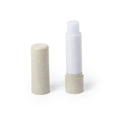 A lip balm with a white tube and a light grey, eco-friendly container, featuring a removable cap.