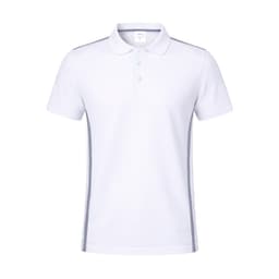 A white polo shirt with grey side stripes and a collar, featuring a logo on the chest.