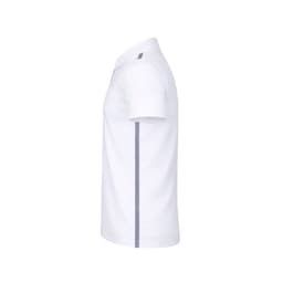 A white polo shirt featuring a contrasting dark stripe along the side and a collar. It has a logo on the chest.