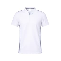 A white polo shirt featuring grey side stripes and a collar. It has a logo on the chest area.