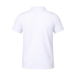 A plain white polo shirt with a classic collar and short sleeves, featuring a logo on the chest.
