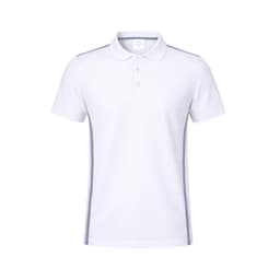 A white polo shirt with grey side stripes and a collar, featuring a logo on the front.