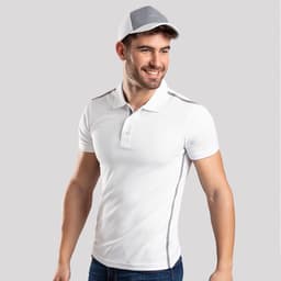 A white polo shirt with grey accents, paired with a matching grey cap, displayed by a smiling man.